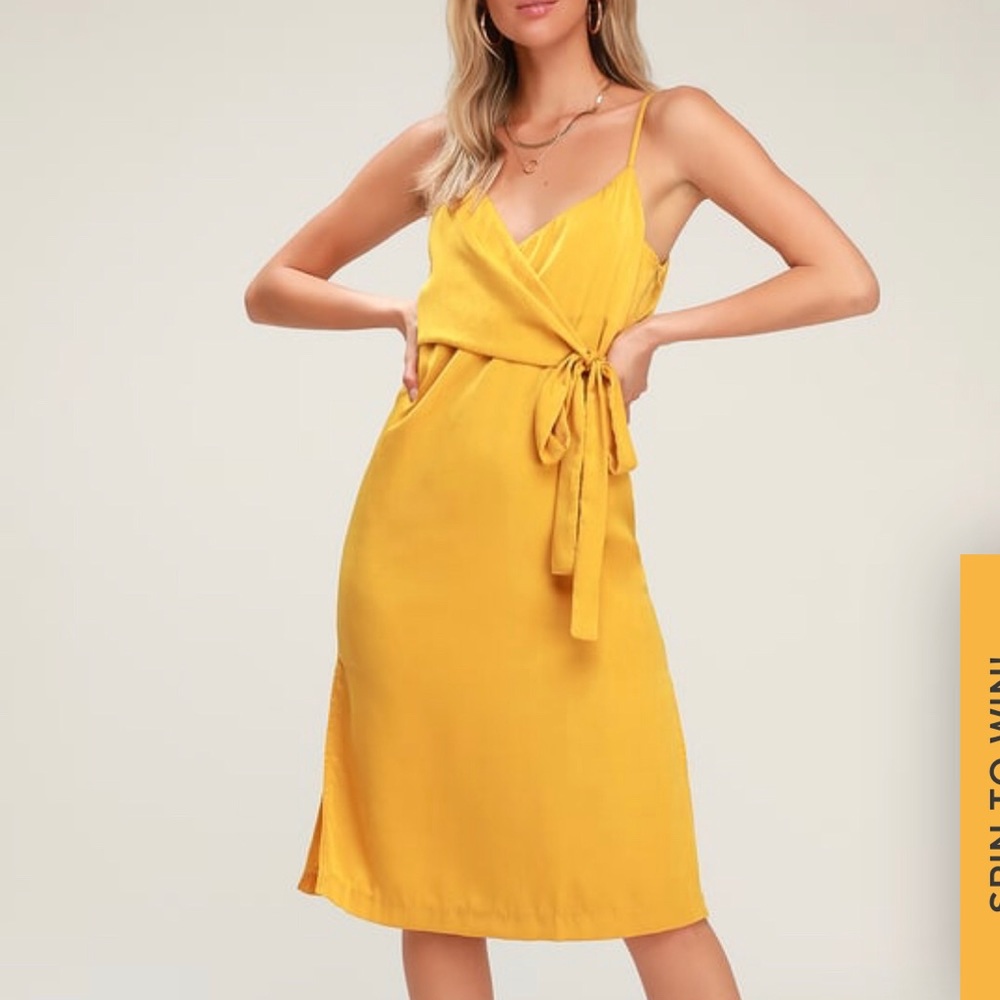 NWT yellow satin midi wrap dress